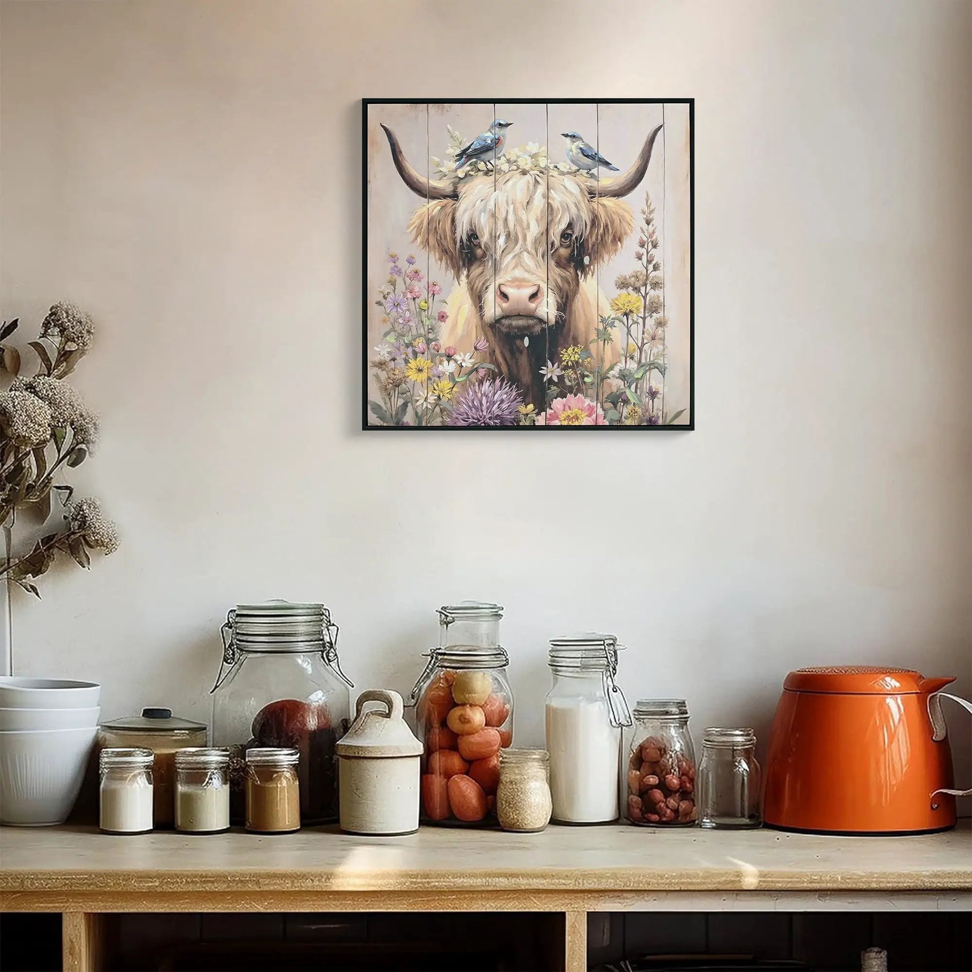 Highland Cow Wall Decor, Picture Canvas Art Print for Living Room - Camel / Brown by HouseOfZazla