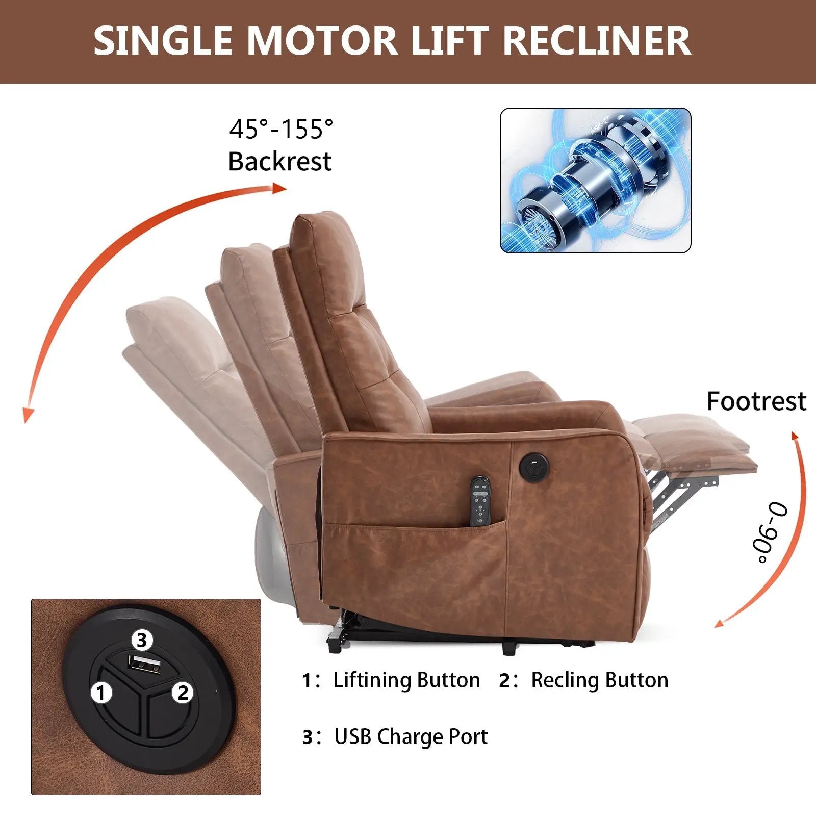Brown PU Single Motor Power Lift Recliner Chair by HouseOfZazla