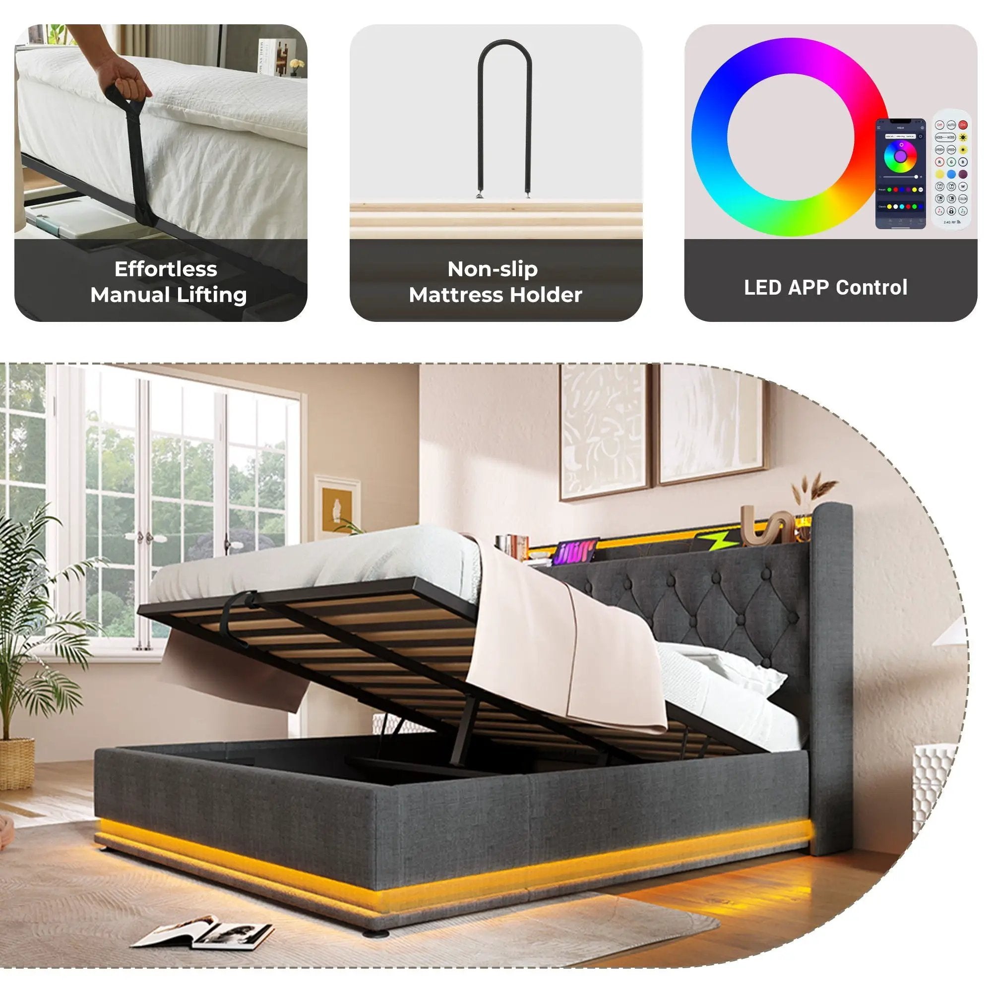 Upholstered Bed, 360 Surround LED Function, Remote Control, Hydraulic Storage Bed With USB, Type-C Charging (Without Mattress) by HouseOfZazla