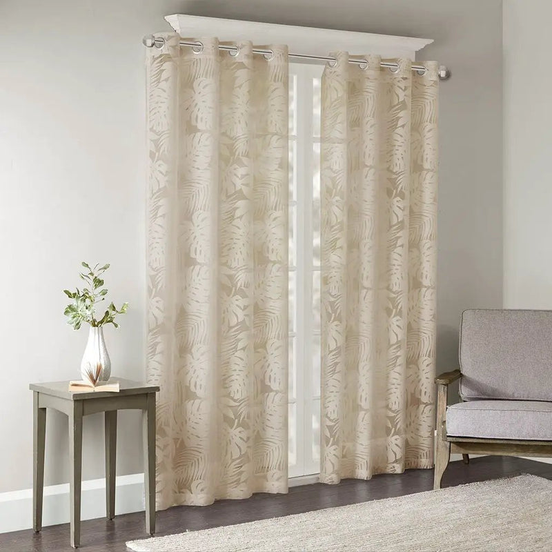 Palm Leaf Burnout Sheer Window Curtain 50x95 Natural by HouseOfZazla