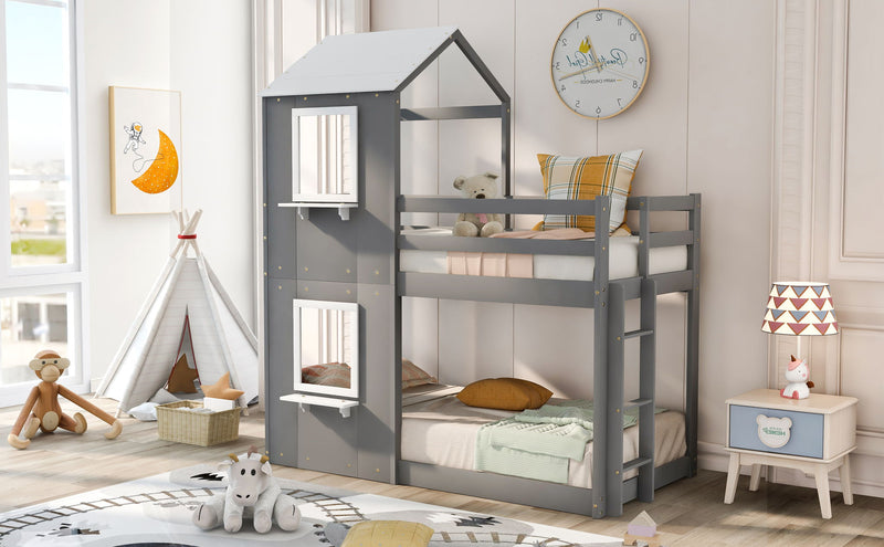 Bunk Bed Wood Bed & Roof, Window, Guardrail, Ladder