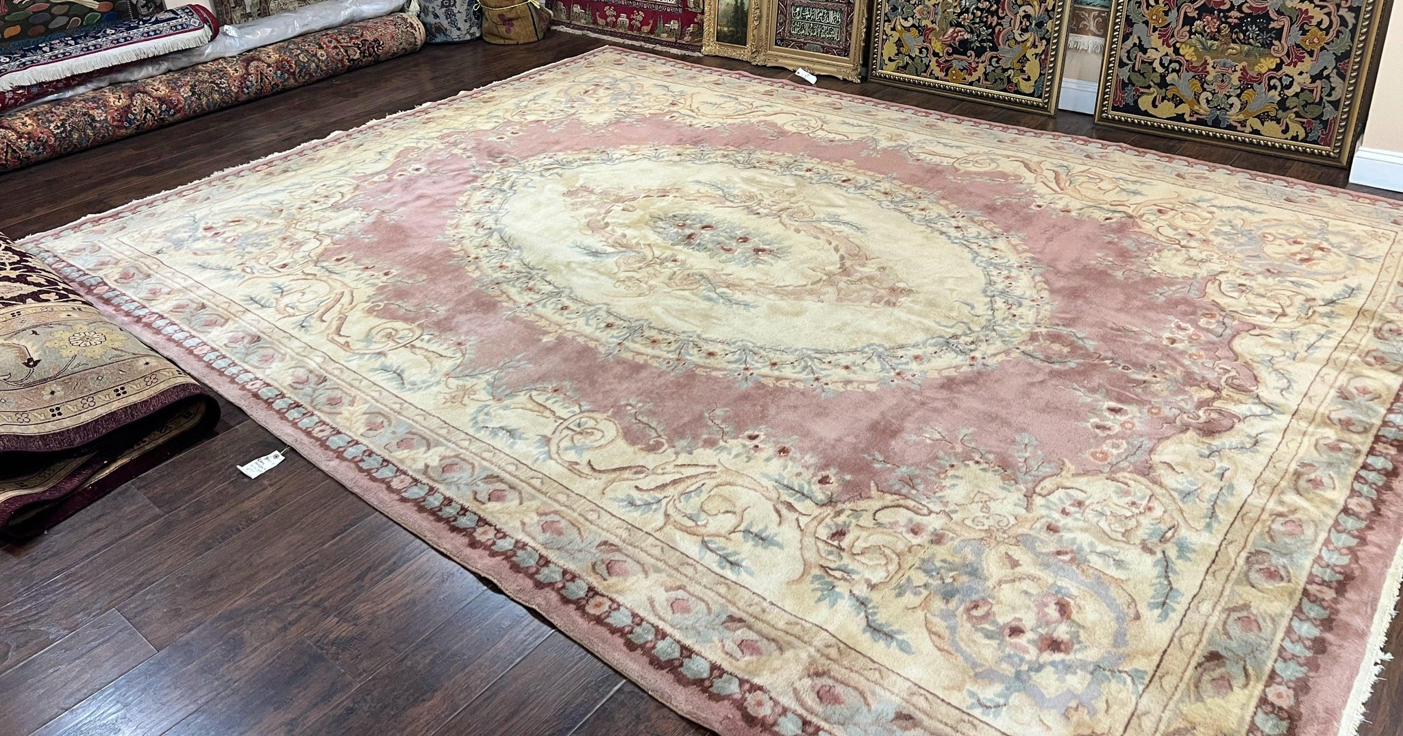 Indo Chinese Aubusson Wool Rug 10x14, Pink and Cream, Handmade Vintage Wool Carpet, Elegant European Design by Jewel Rugs