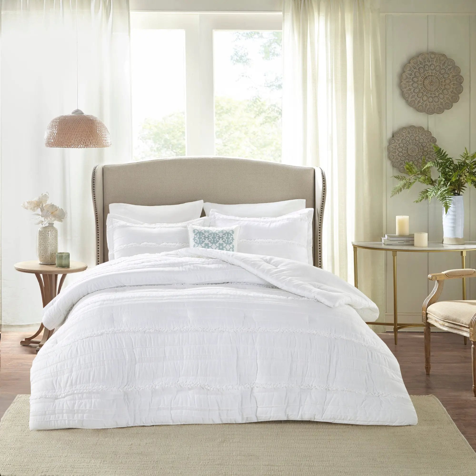 5 Piece Microfiber Ruffled Comforter Set - White California King by HouseOfZazla
