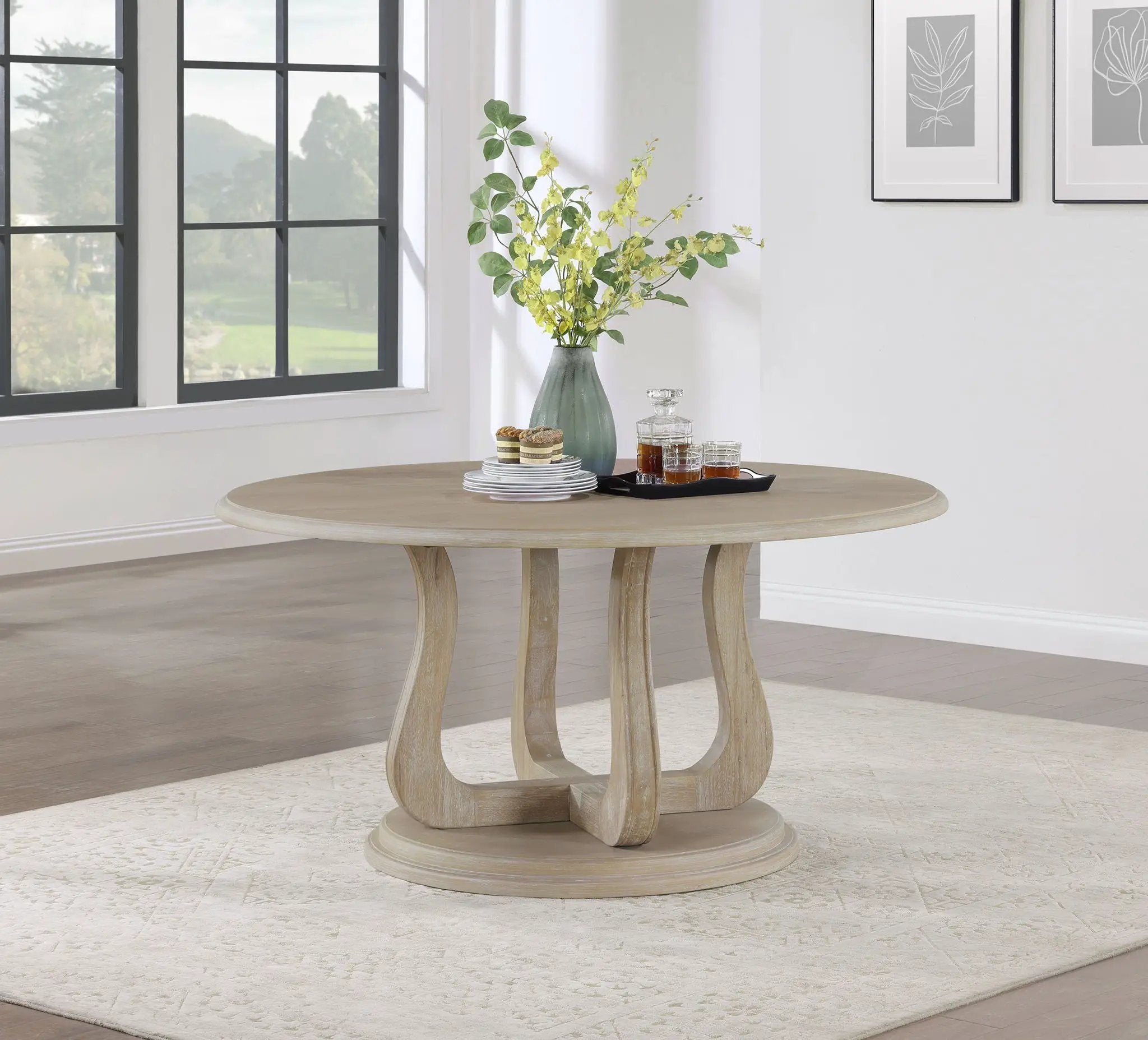 Trofello Round 60-inch Pedestal Dining Table White Washed by Unique Piece Furniture