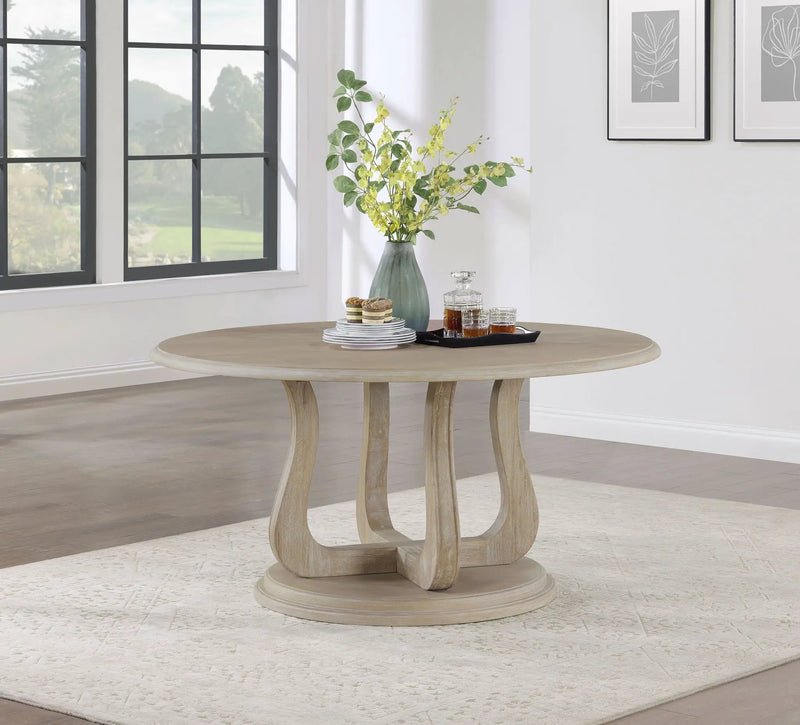 Trofello Round 60-inch Pedestal Dining Table White Washed by Unique Piece Furniture