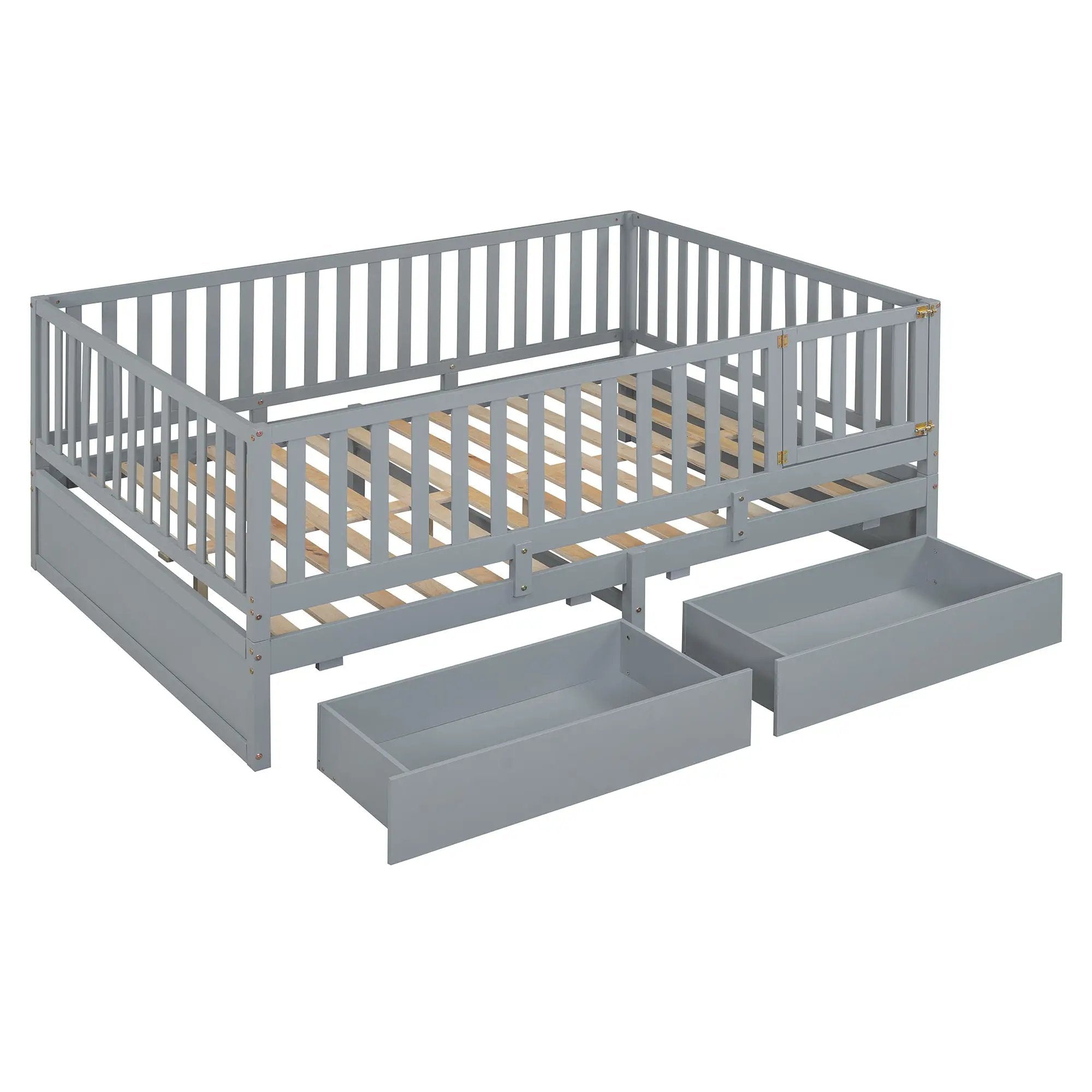Daybed With Fence Guardrails And 2 Drawers, Split Into Independent Floor Bed & Daybed by HouseOfZazla