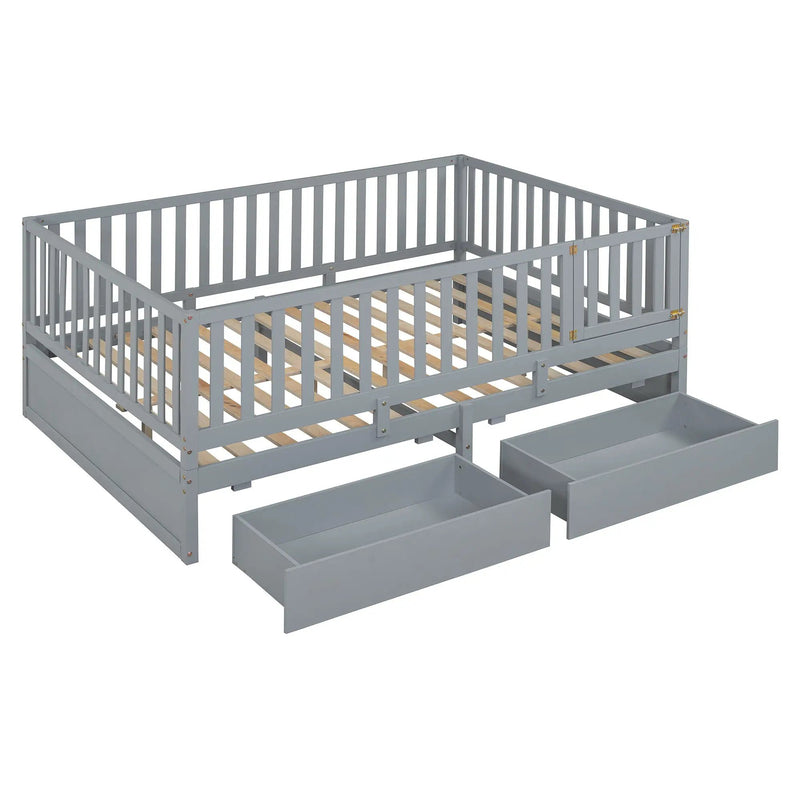 Daybed With Fence Guardrails And 2 Drawers, Split Into Independent Floor Bed & Daybed by HouseOfZazla