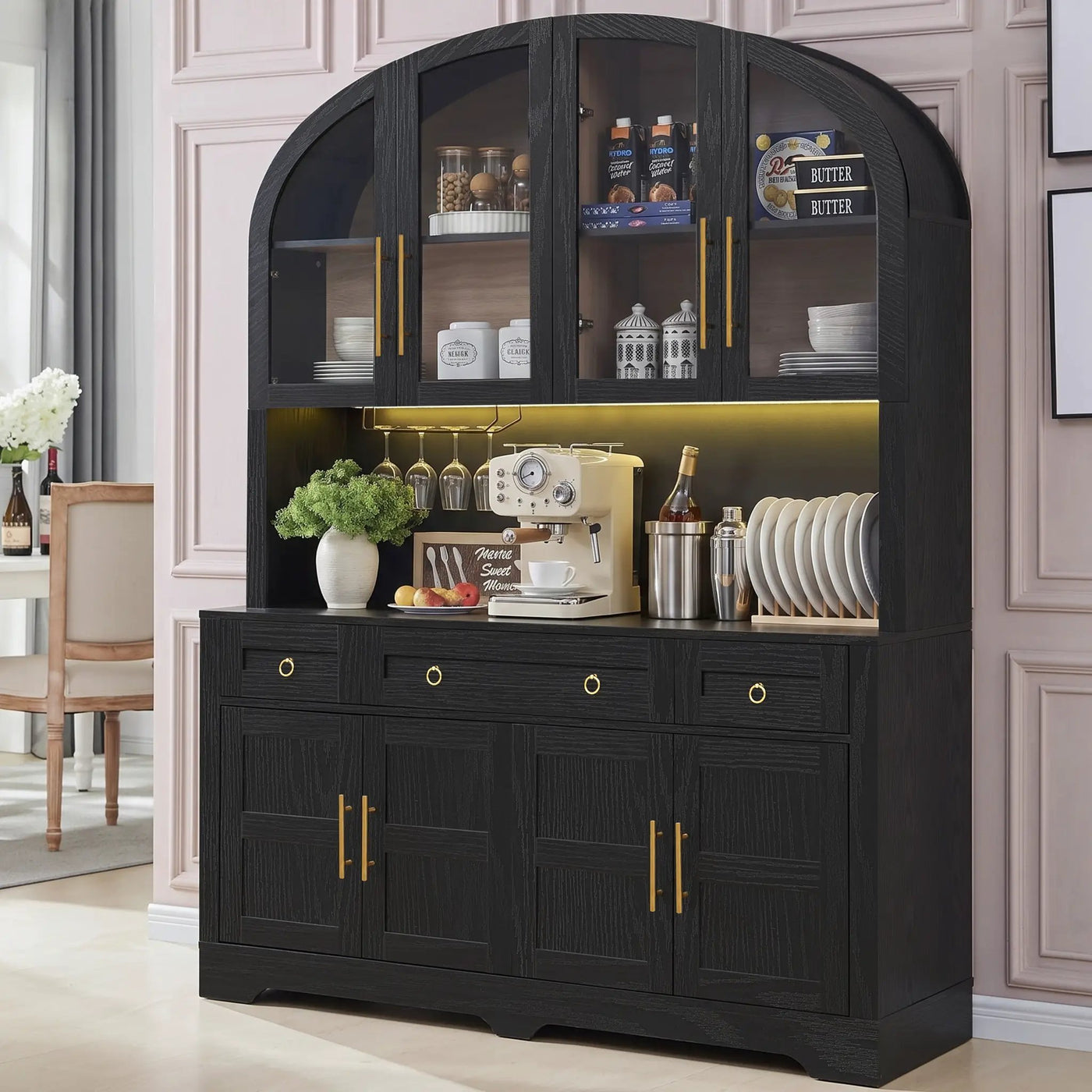K&K 75.8" Tall Arched Kitchen Pantry Cabinet with LED & Charging Station by HouseOfZazla