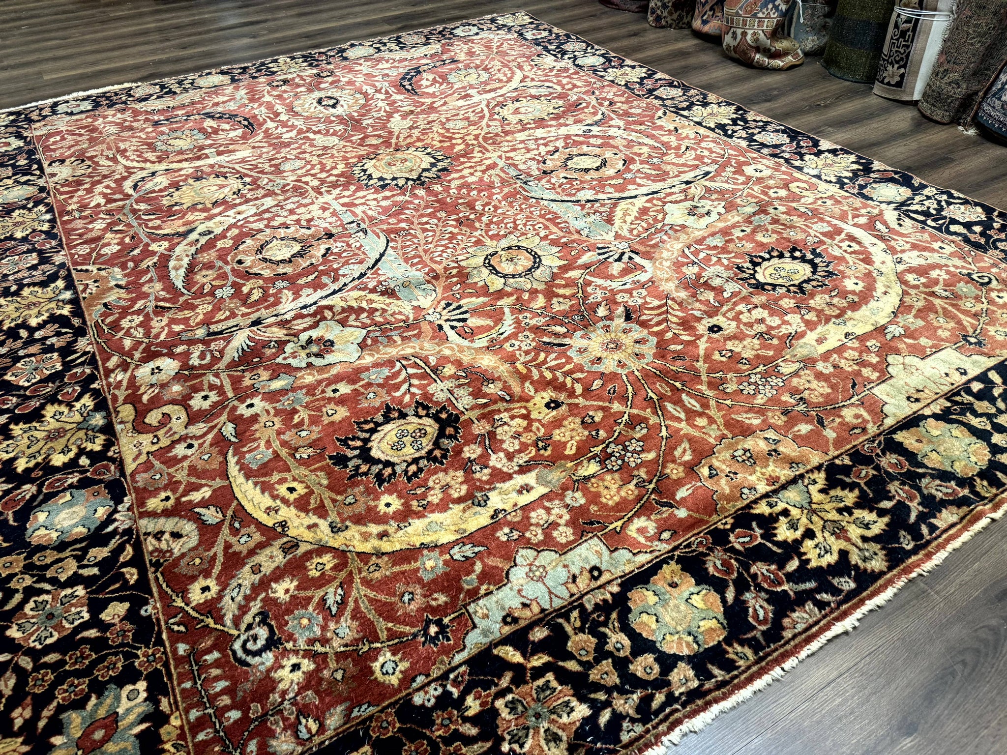 Indian Agra Rug 9x11, Terracotta and Navy Blue, Sickle Leaf Rug by Jewel Rugs