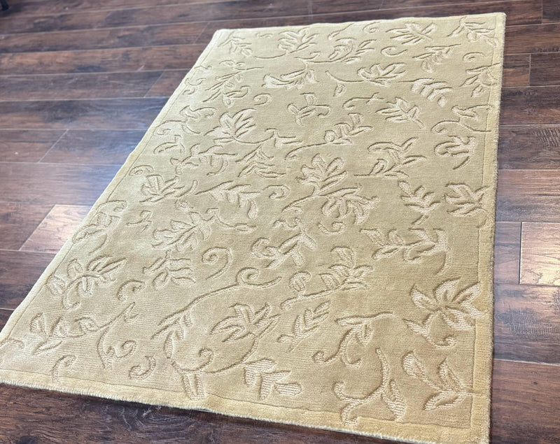 Modern Tibetan Rug 3.7 x 5.5, Carved Floral Design, Wool and Silk Highlights by Jewel Rugs