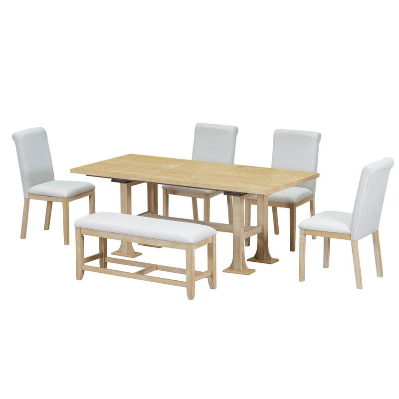 Topmax - 6 Piece Farmhouse Extendable Dining Table Set Trestle Kitchen Table Set With Removable Leaf And Upholstered Dining Chair And Bench For Dining Room by HouseOfZazla