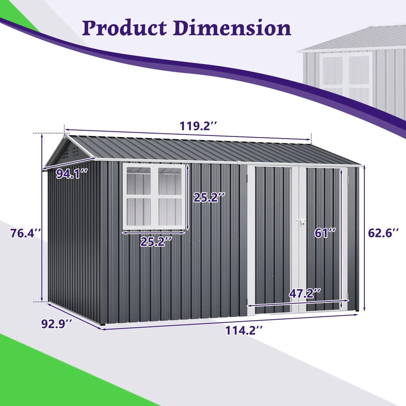 10X8FT Outdoor Steel Storage Shed with Clear Window, Lockable Doors by HouseOfZazla