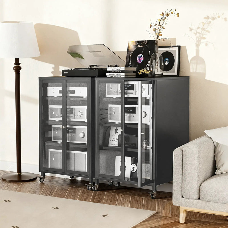 Media Storage Cabinet With Wheels, 4 Adjustable Glass Shelves & Door, Heavy-Duty - Black by Unique Piece Furniture