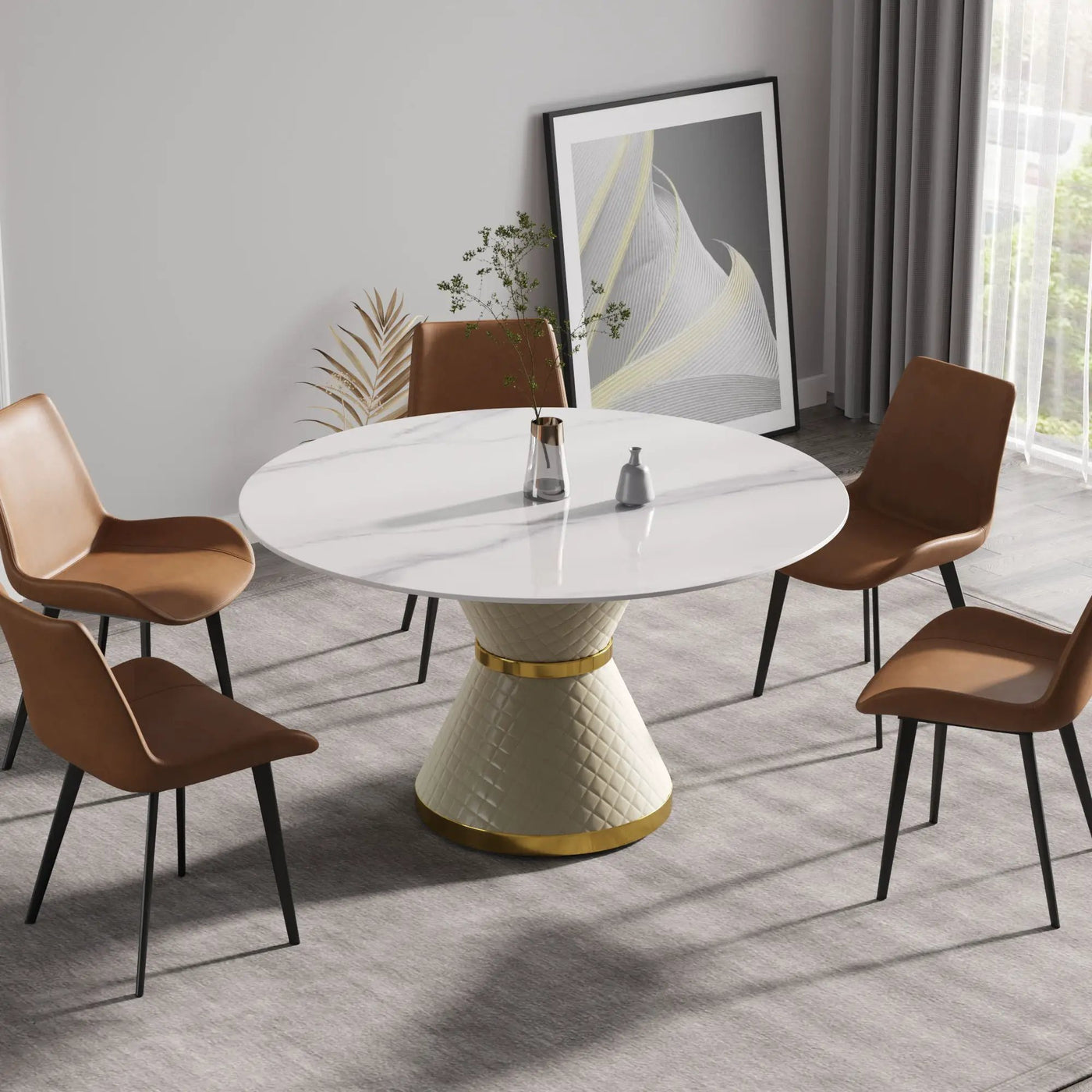 Modern Artificial Stone Round Carbon Steel Base Dining Table, Can Accommodate 6 People by Unique Piece Furniture