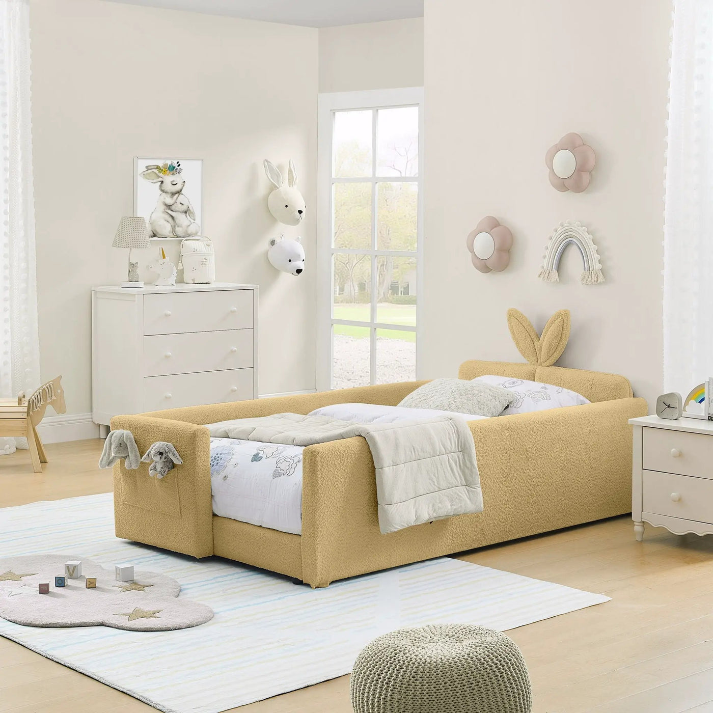 Cute Rabbit Ear Upholstered Platform Bed Frame With Safety Rail by HouseOfZazla