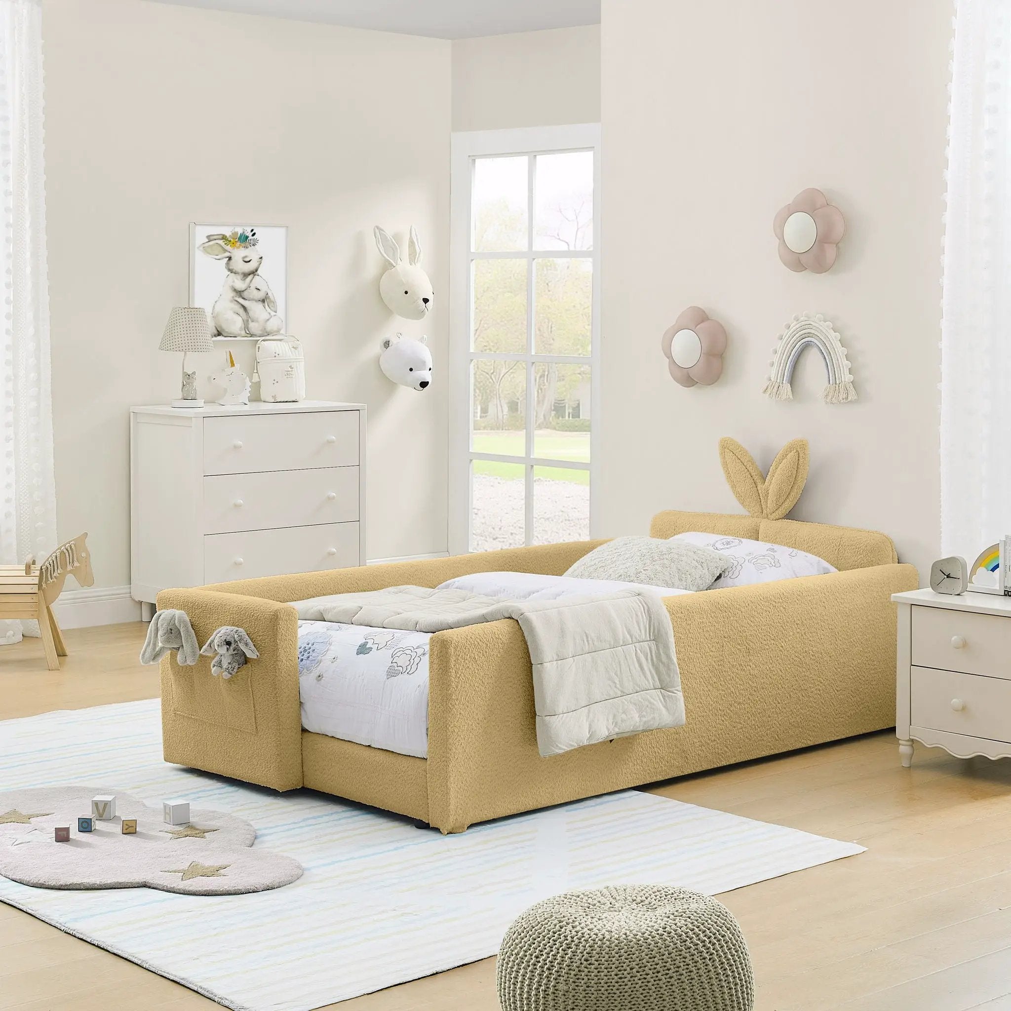 Cute Rabbit Ear Upholstered Platform Bed Frame With Safety Rail by Unique Piece Furniture
