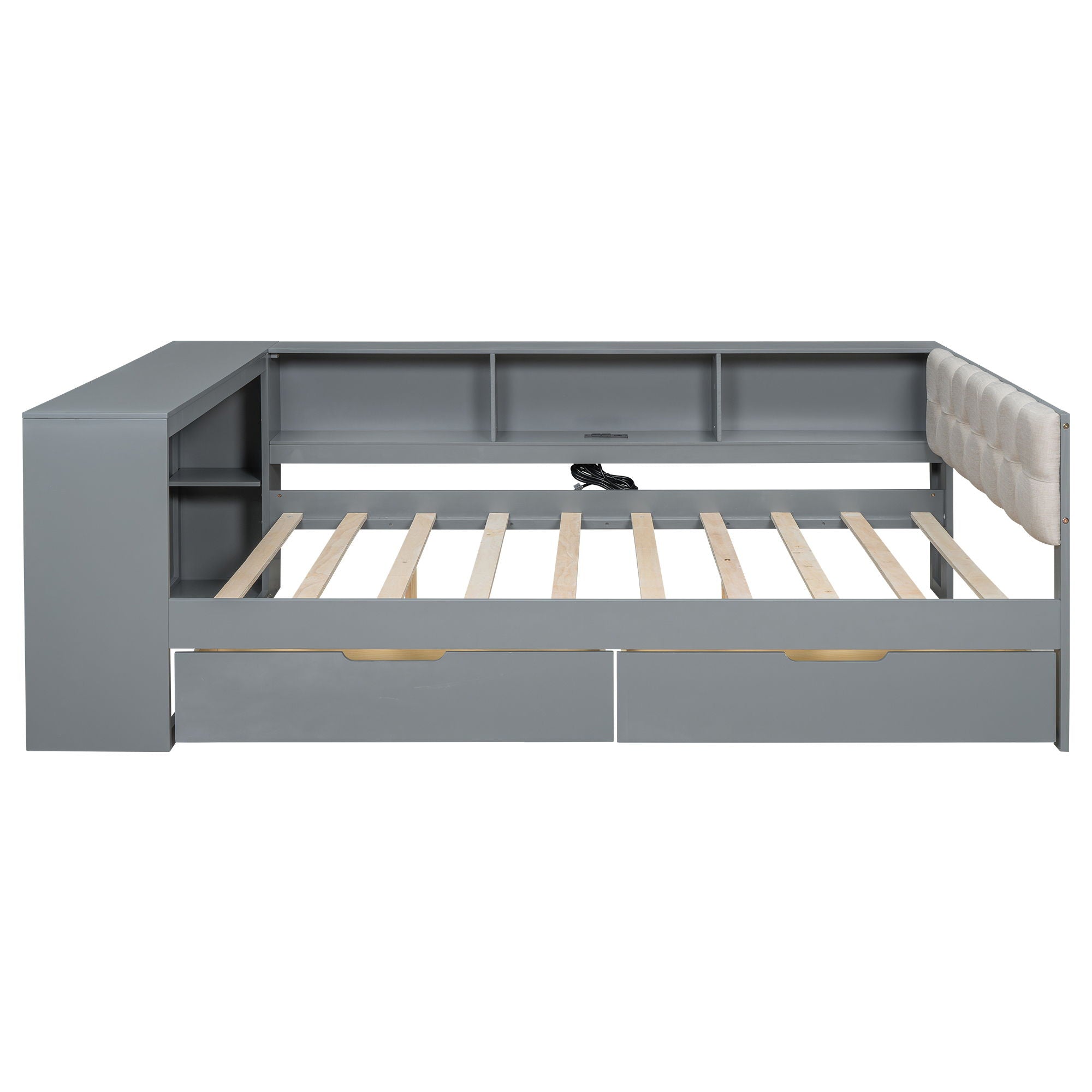 Upholstered Headboard Platform Bed With Storage Shelves, Drawers, Charging Station by HouseOfZazla
