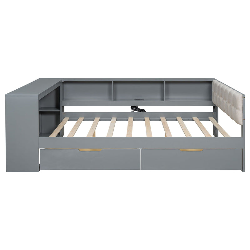 Upholstered Headboard Platform Bed With Storage Shelves, Drawers, Charging Station by HouseOfZazla
