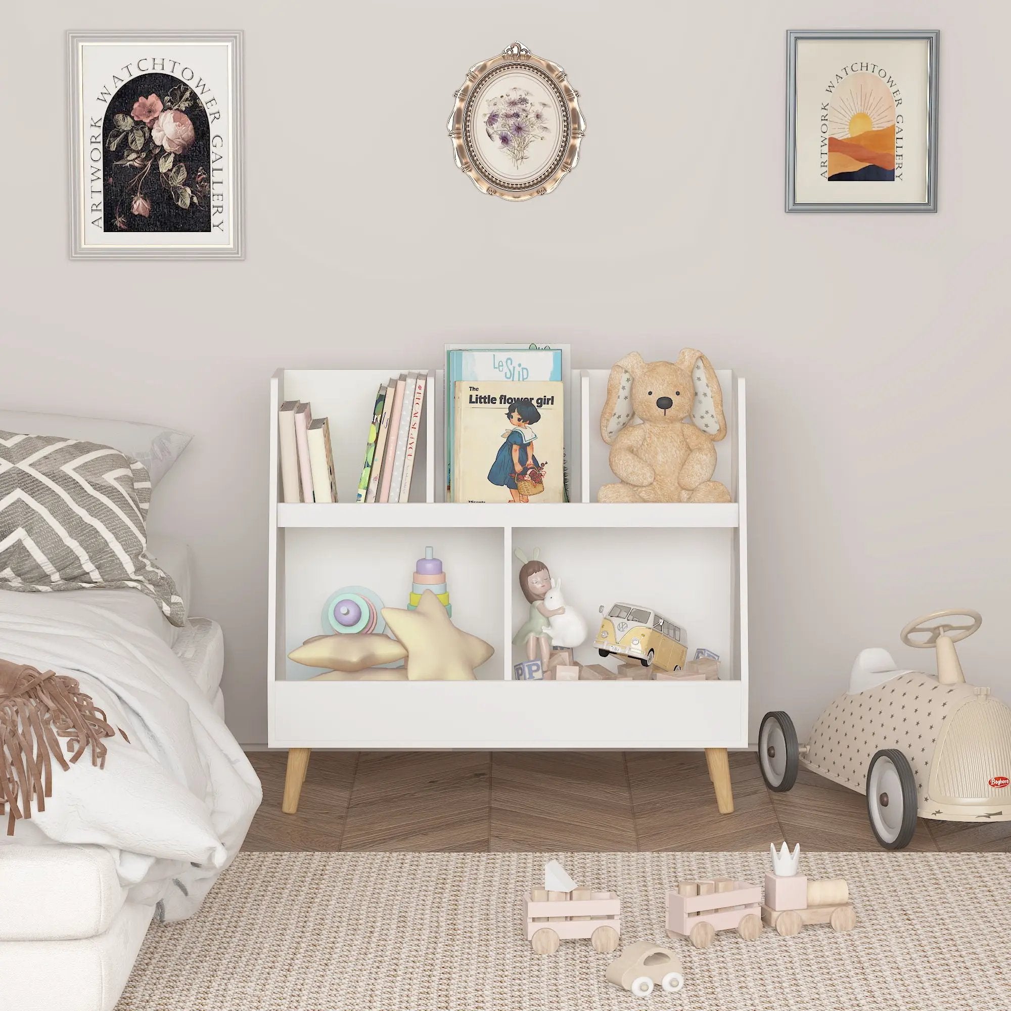 Kids Bookshelf And Toy Organizer, 5 Cubbies Wooden Open Bookcase, 2-Tier Baby Storage Display Organizer With Legs, Free Standing For Playing Room, Bedroom, Nursery, Classroom - White by Unique Piece Furniture