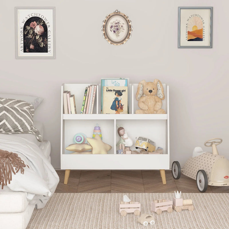 Kids Bookshelf And Toy Organizer, 5 Cubbies Wooden Open Bookcase, 2-Tier Baby Storage Display Organizer With Legs, Free Standing For Playing Room, Bedroom, Nursery, Classroom - White by HouseOfZazla
