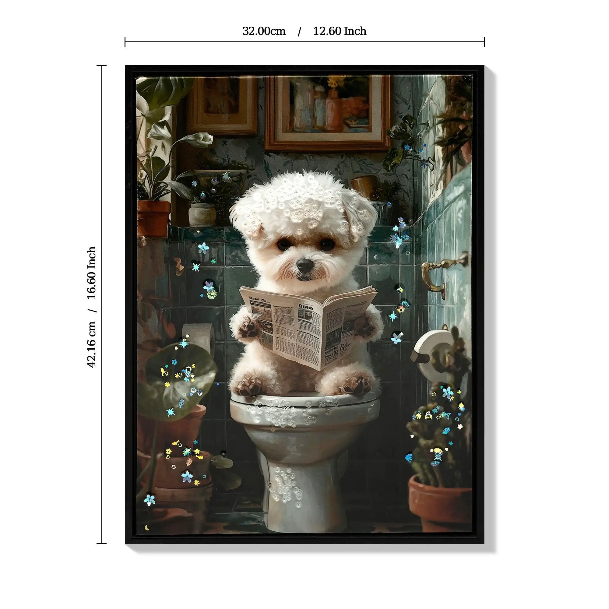 Framed Bathroom Decor, Cute Puppy Wall Art In Picture Frame, 3D Canvas Print - Indigo / White by Unique Piece Furniture