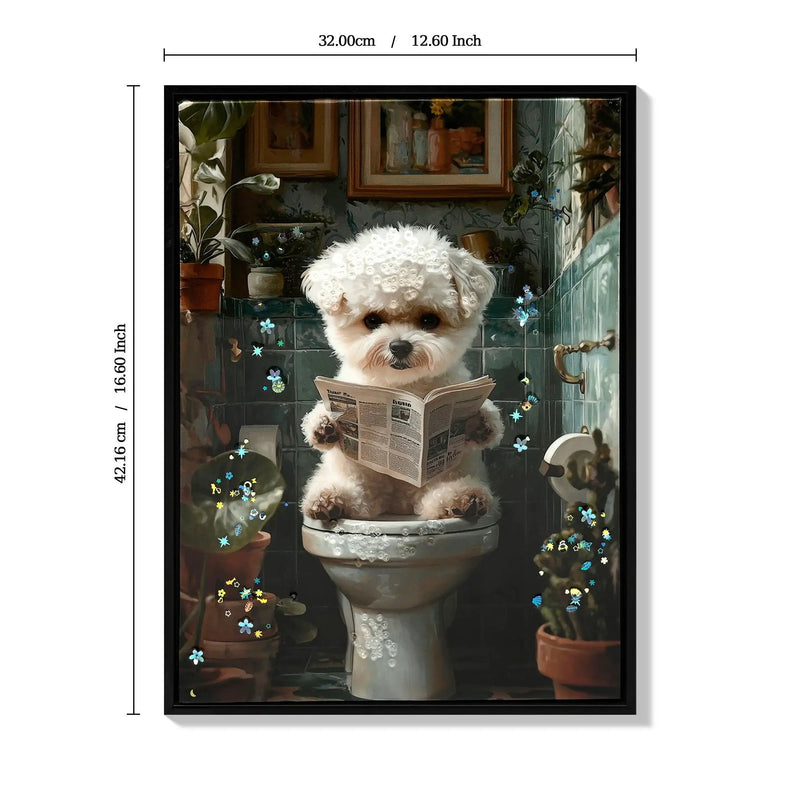 Framed Bathroom Decor, Cute Puppy Wall Art In Picture Frame, 3D Canvas Print - Indigo / White by Unique Piece Furniture