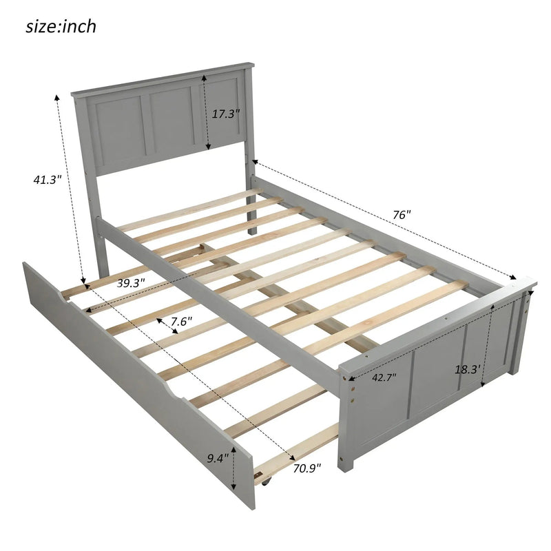 Platform Bed With Twin Trundle And Frame, Twin Size - Gray by Unique Piece Furniture