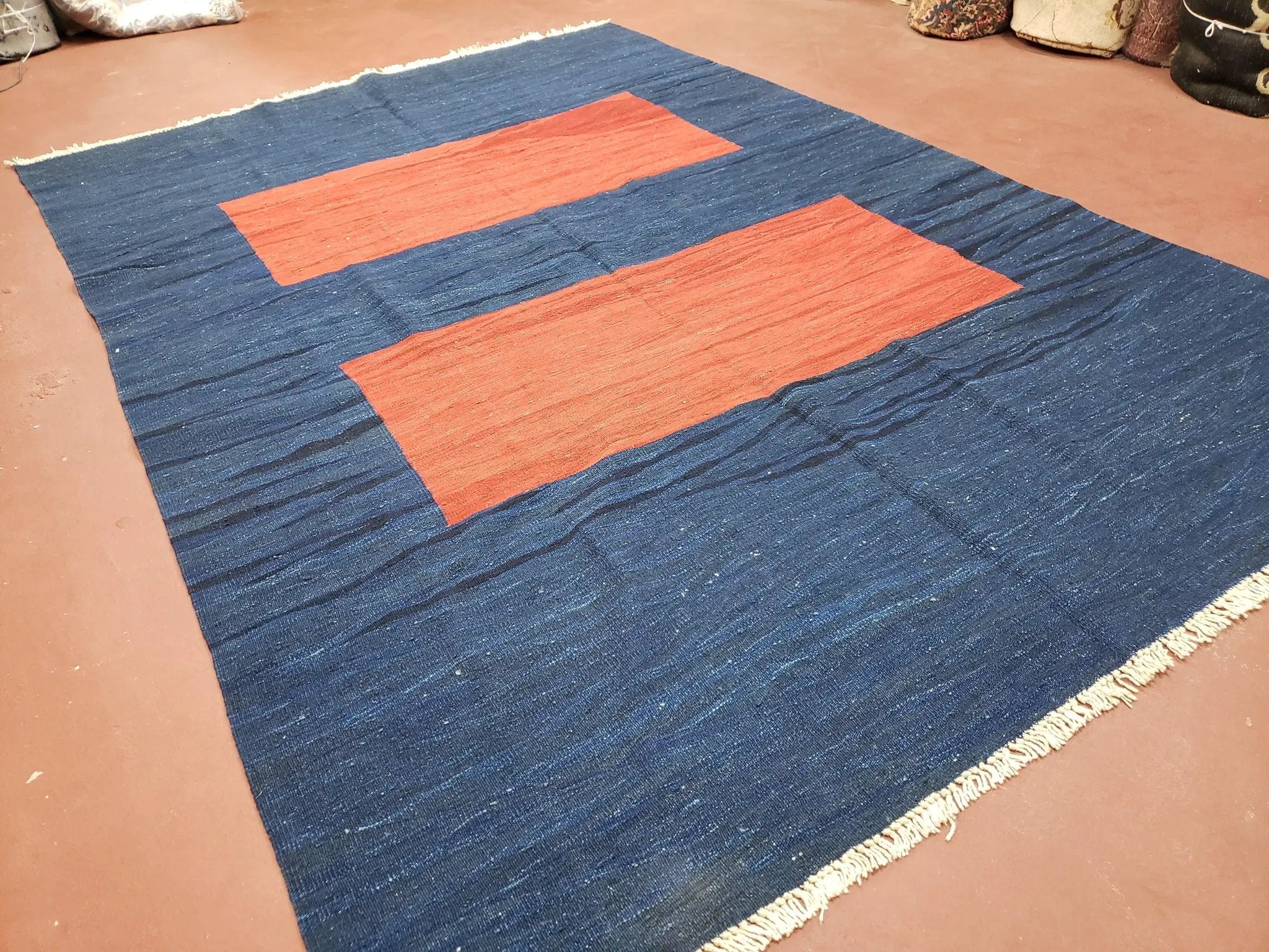 Blue and Red Turkish Kilim Rug, New 6x9 - 7x10 Flatweave Area Rugs, Hand Woven, Wool Handmade Oriental Kilim Abstract Modern Boho, Minimal by Jewel Rugs