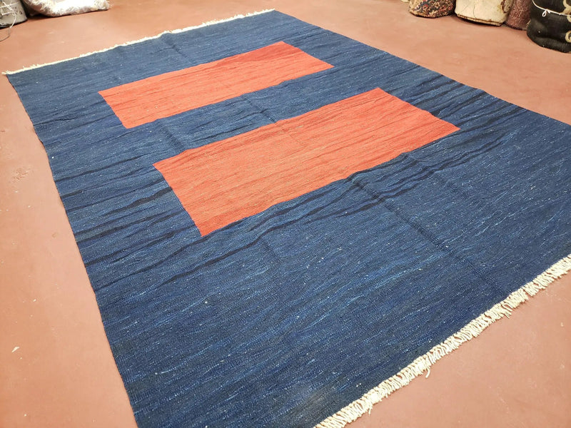 Blue and Red Turkish Kilim Rug, New 6x9 - 7x10 Flatweave Area Rugs, Hand Woven, Wool Handmade Oriental Kilim Abstract Modern Boho, Minimal by Jewel Rugs