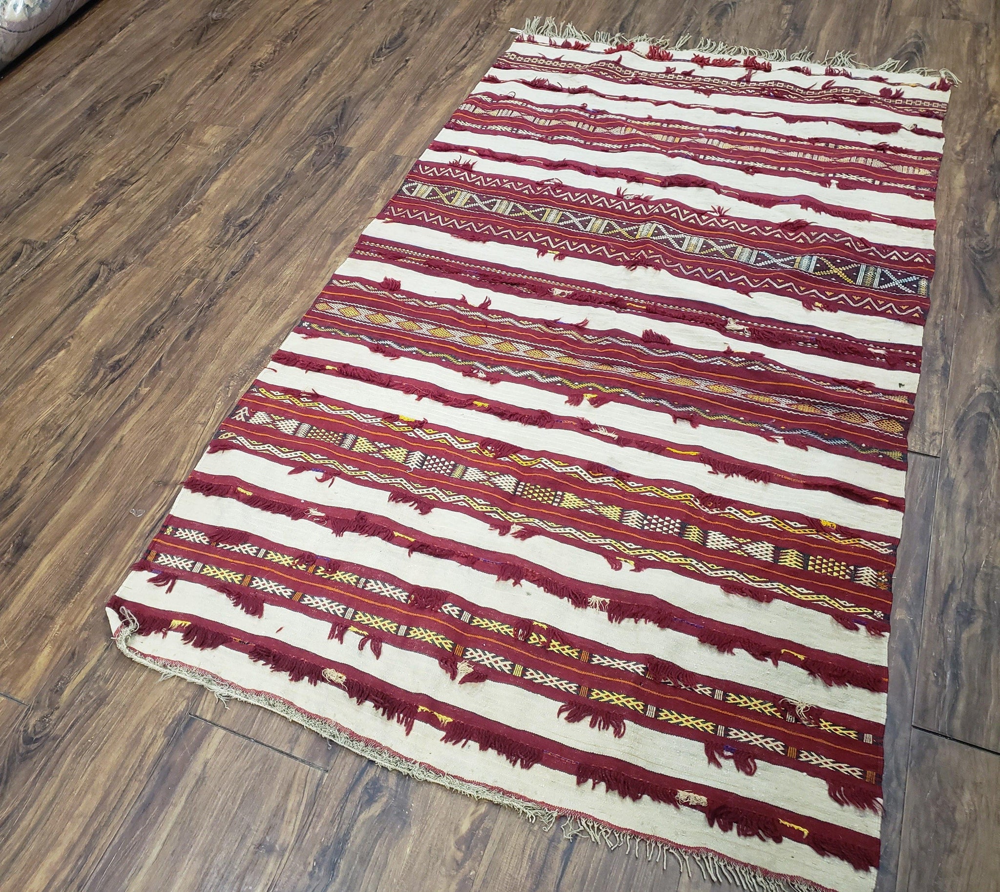 Antique Turkoman Yamud Rug 3x5 ft, 1920s Turkmen Sofreh Table Cover, Bohemian Rug, Tribal Collectible, Striped Rug, Handmade Ivory and Red by Jewel Rugs
