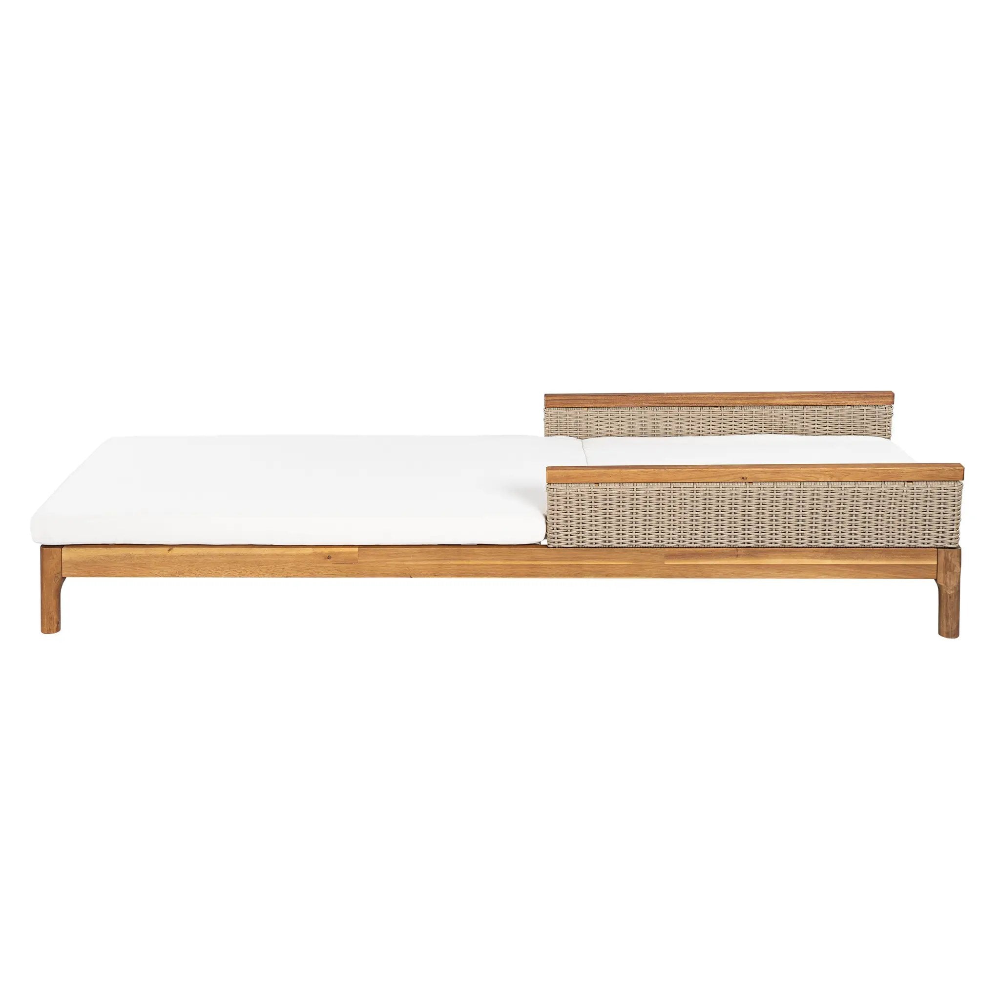 Solid Acacia Wood Sun Lounger with Beige Cushions and Light Grey Wicker by HouseOfZazla