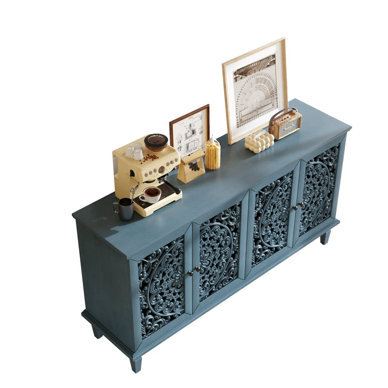 60" Antique Buffet Cabinet with Floral Carvings and Adjustable Shelves by HouseOfZazla
