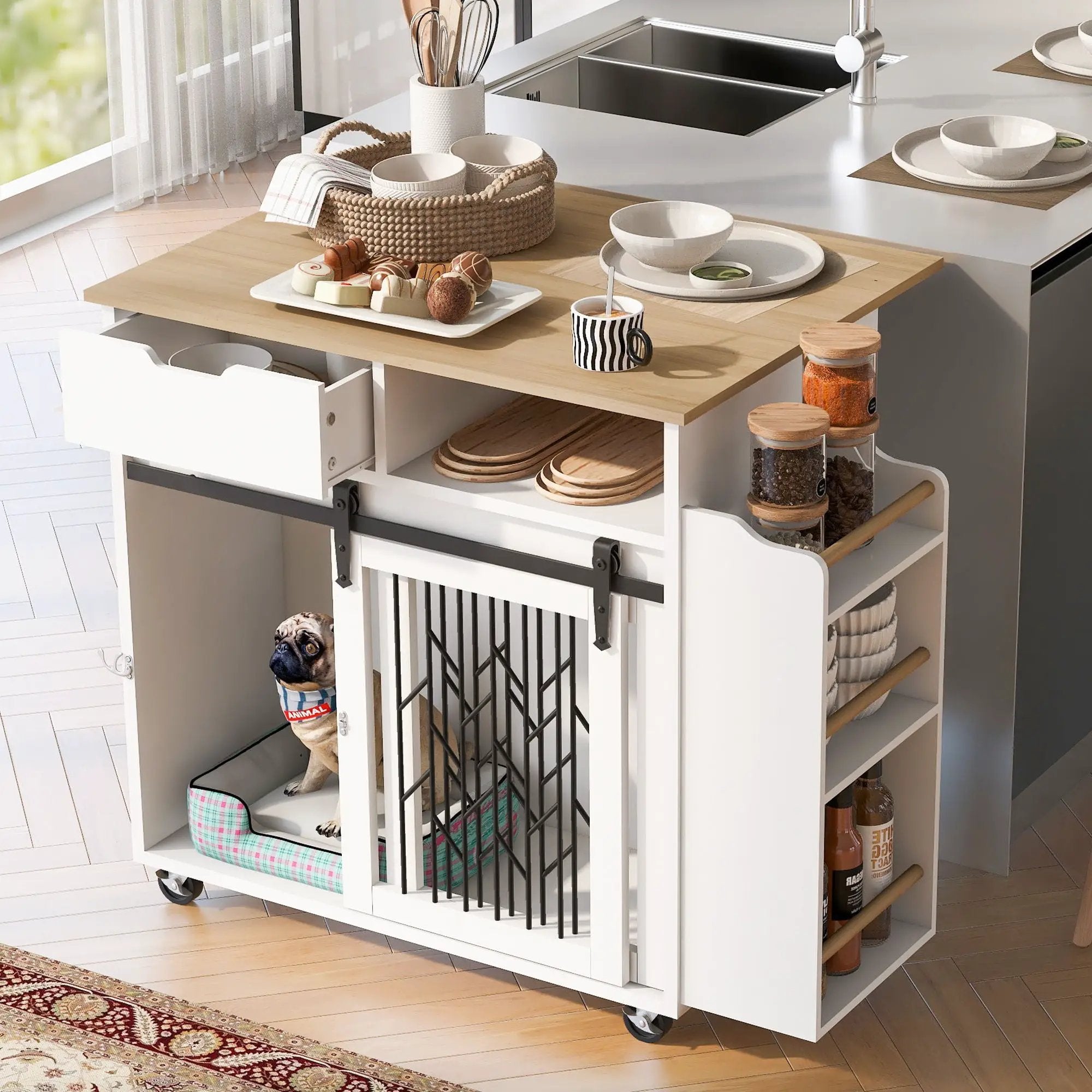 Modern Style 2 In 1 Pet Friendly Dog Crate Kitchen Island End Table Metal Pine - Natural / White by HouseOfZazla