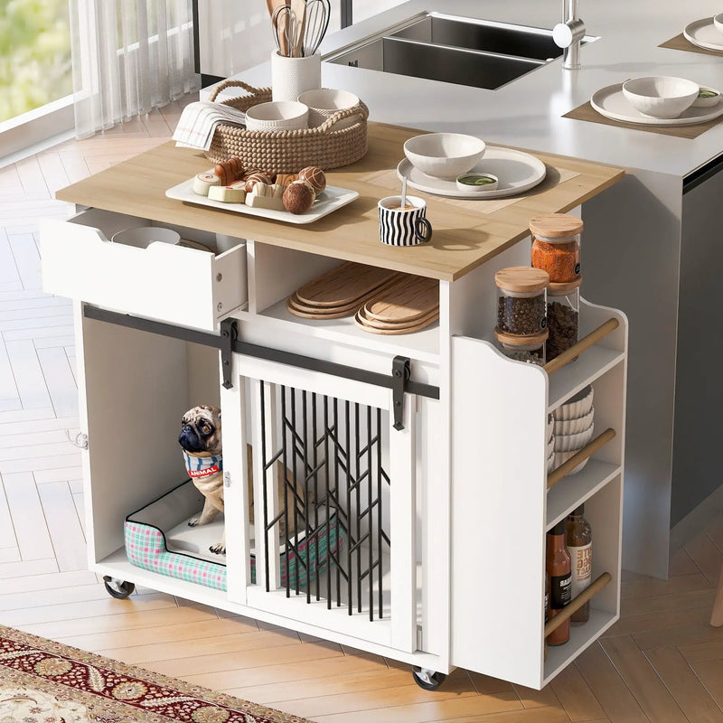 Modern Style 2 In 1 Pet Friendly Dog Crate Kitchen Island End Table Metal Pine - Natural / White by HouseOfZazla