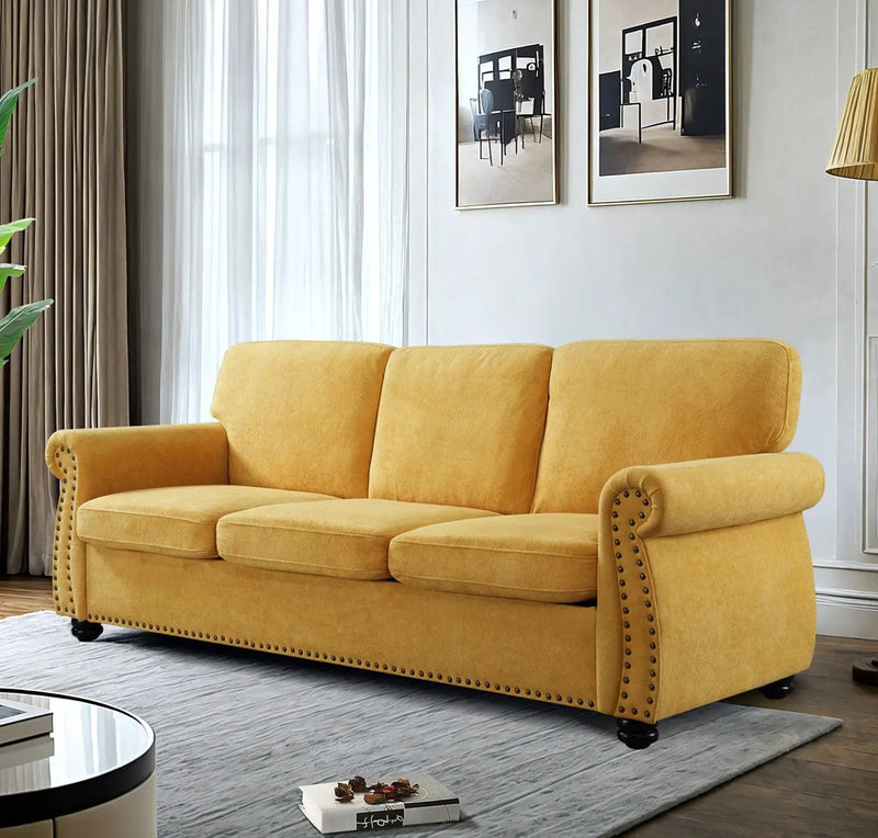 Soft Sofa, Upholstered 3 Seater Couch With High Density Foam, Loose Back Cushions And Turned Legs by HouseOfZazla