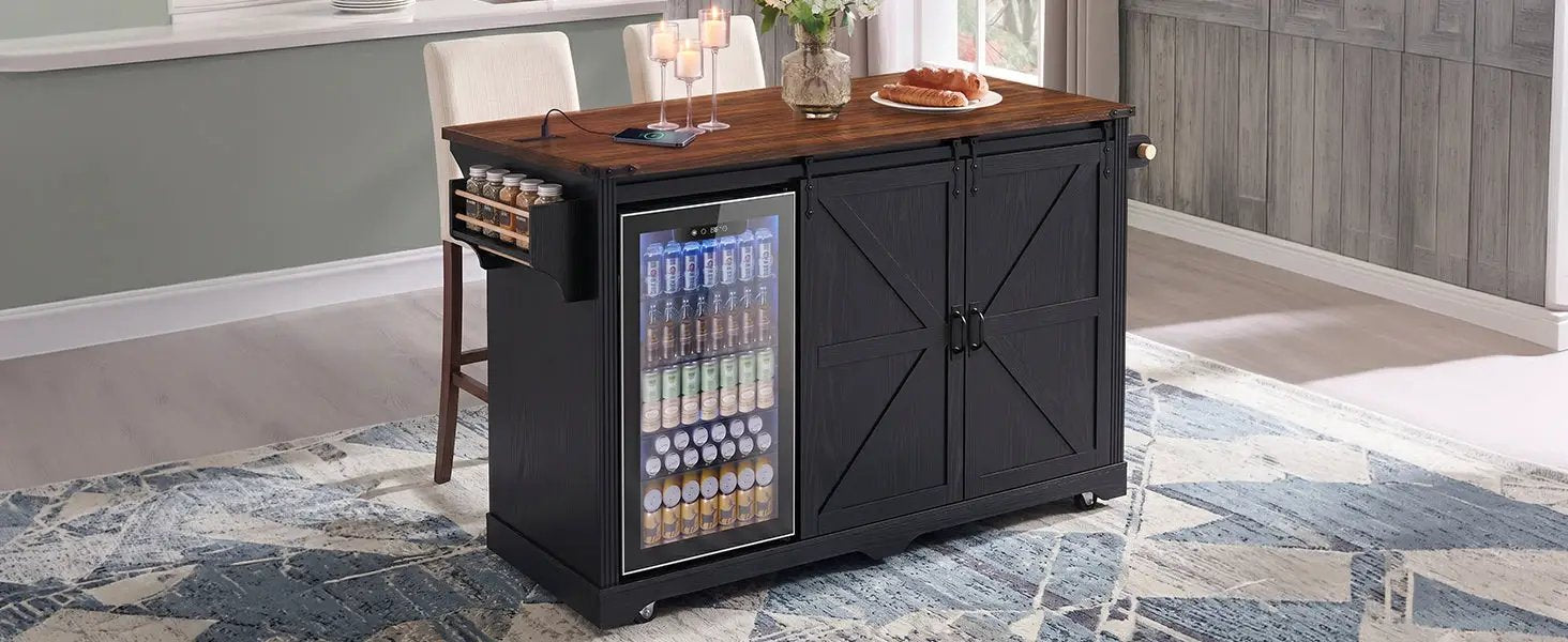 K&K 72" Farmhouse Kitchen Island with Fridge Storage Space & Power Outlet by HouseOfZazla
