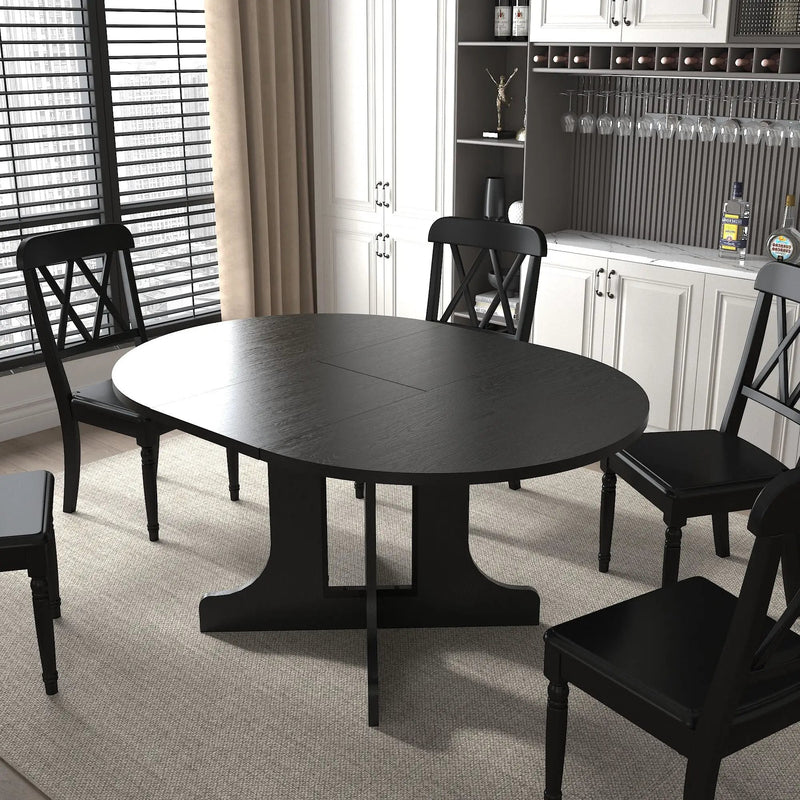 Dining Table For Farmhouse Kitchen Expandable Oval Table Top With Removable Leaf Trestle X Shaped Base - Black by HouseOfZazla