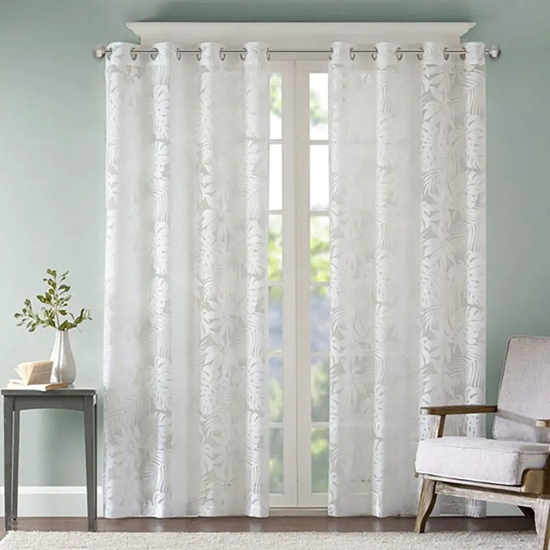 Palm Leaf Burnout Sheer Window Curtain White 50x84 by HouseOfZazla