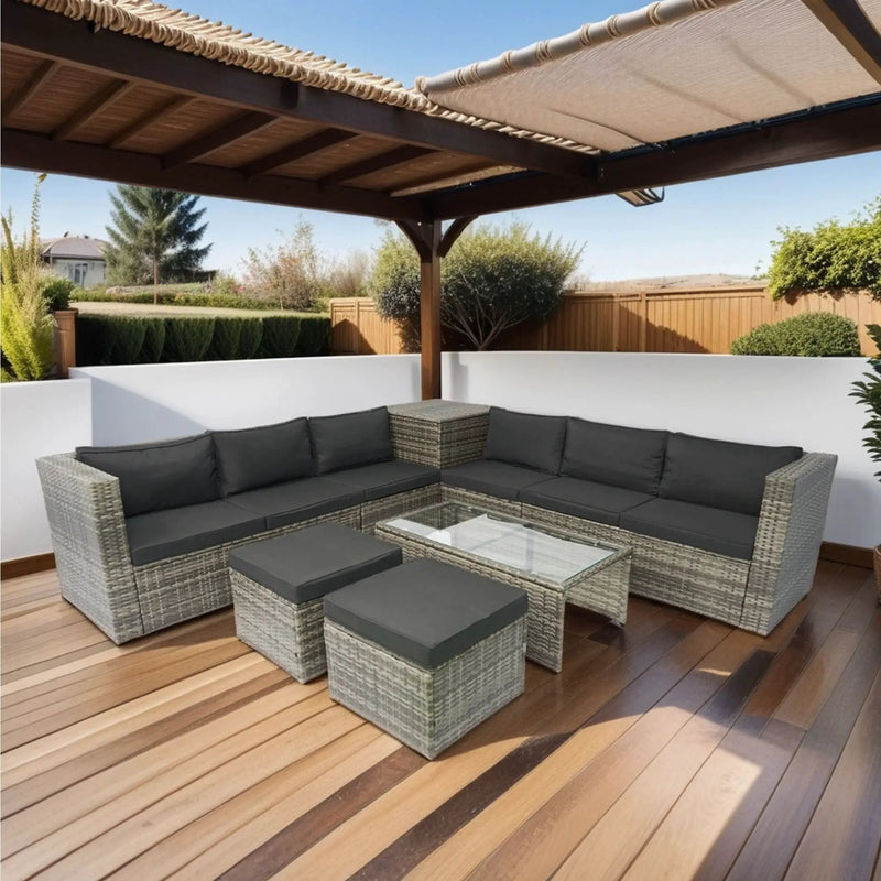 8 Piece Patio Sectional Wicker Rattan Outdoor Furniture Sof Set With One Storage Box Under Seat And Cushion Box - Gray / Black by HouseOfZazla