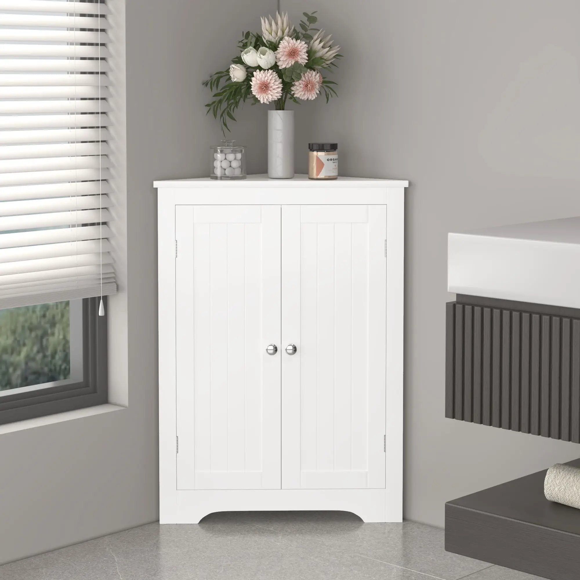 Corner Cabinet With 2 Doors And Adjustable Shelves, Freestanding Narrow Storage Organizer For Bathroom - White by Unique Piece Furniture