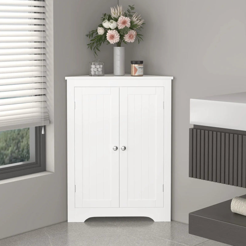 Corner Cabinet With 2 Doors And Adjustable Shelves, Freestanding Narrow Storage Organizer For Bathroom - White by HouseOfZazla