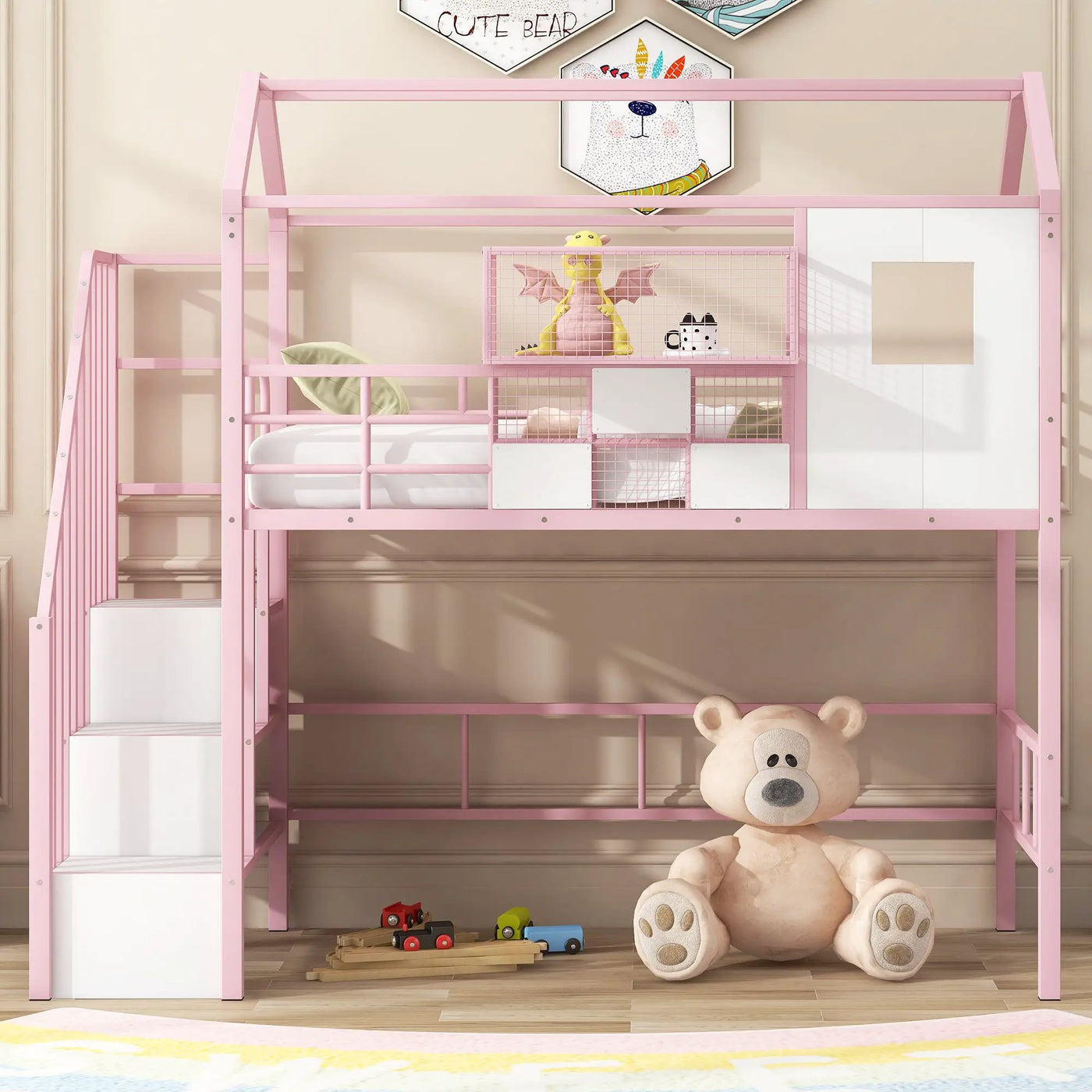 Metal Loft Bed With Roof Design And Storage Box With Guardrails And Integrated Ladder by HouseOfZazla