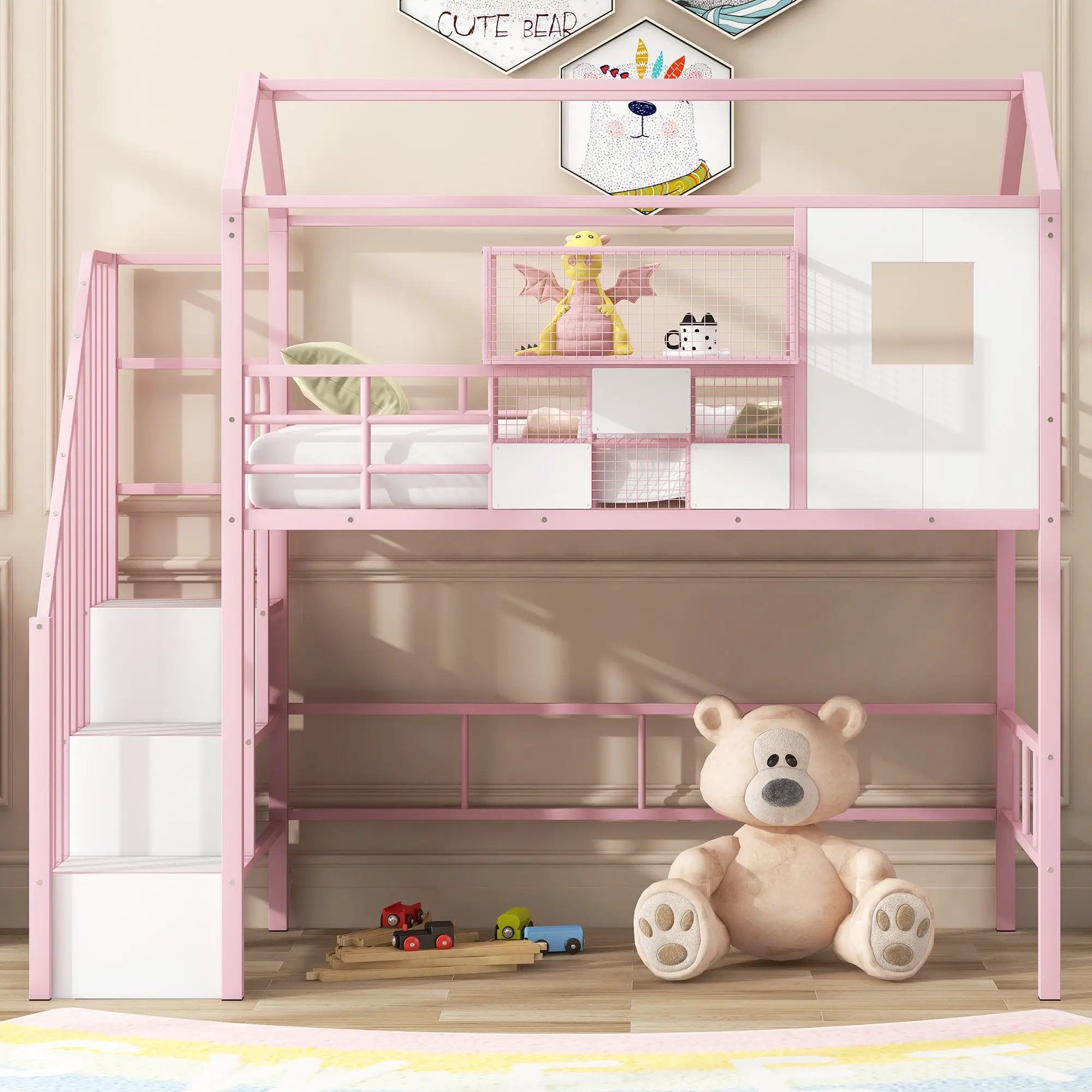 Metal Loft Bed With Roof Design And Storage Box With Guardrails And Integrated Ladder by HouseOfZazla