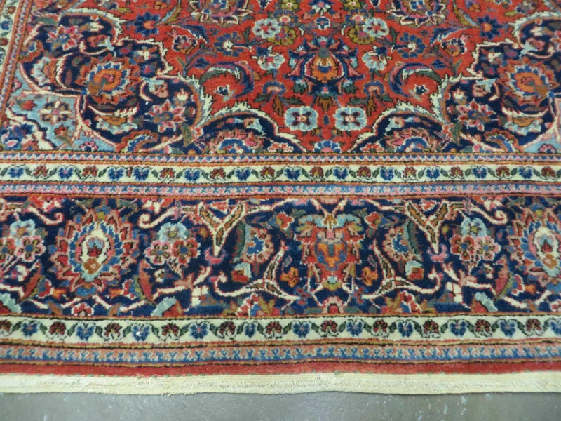 Persian Kashan Rug 4x7, Red and Navy Blue Semi Antique Vintage Wool Oriental Carpet, Hand Knotted Rug, Floral Medallion, High Quality Fine Carpet by Jewel Rugs