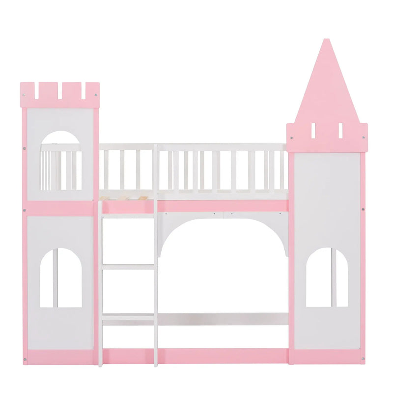 Twin Over Twin Castle Bunk Bed With Ladder - Pink by HouseOfZazla
