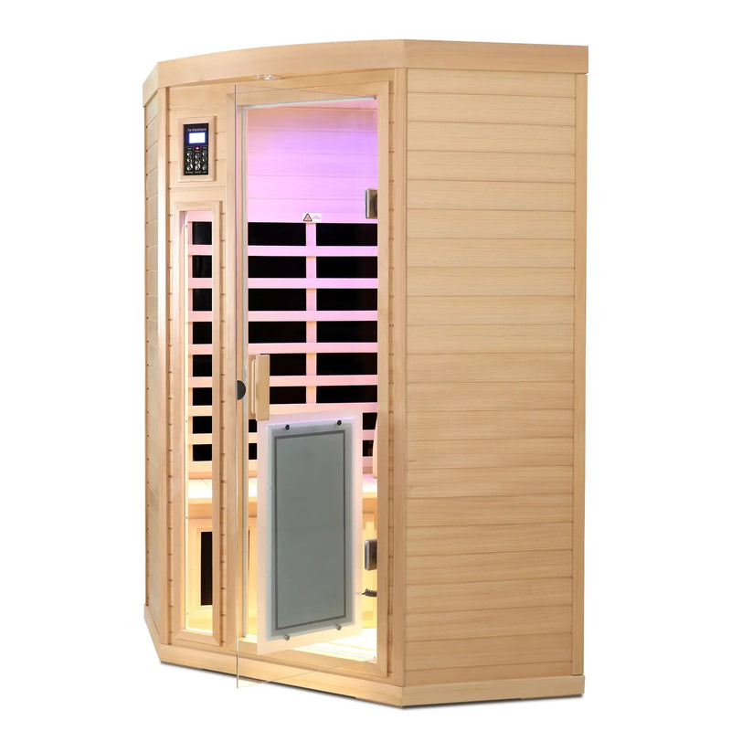 Low Emf Front Door With Heating Panel 2 Persons Hemlock Far Infrared Corner Indoor Sauna Room - Natural by HouseOfZazla