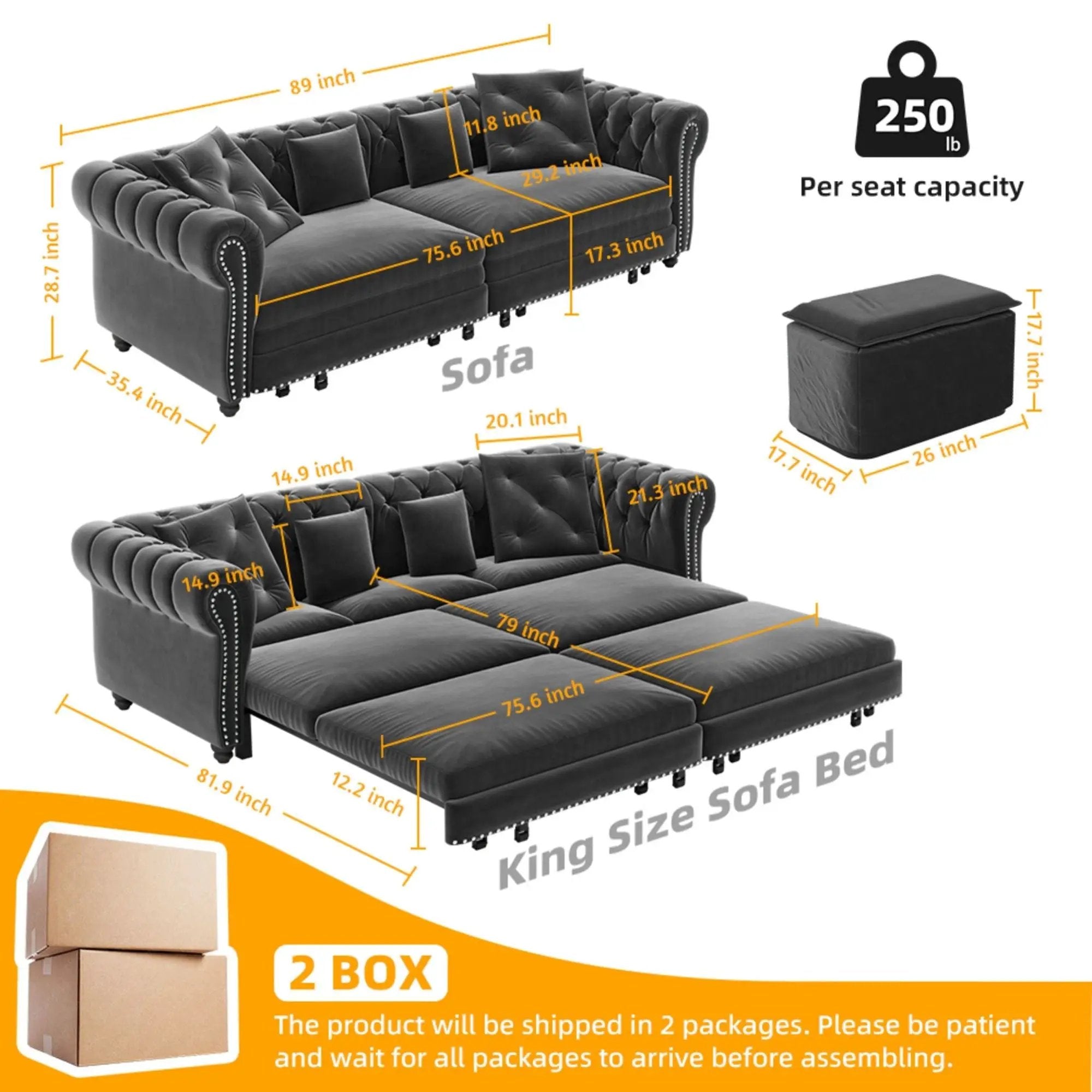 3 In 1 Convertible Sleeper Sofa Bed With Movable Ottoman by HouseOfZazla