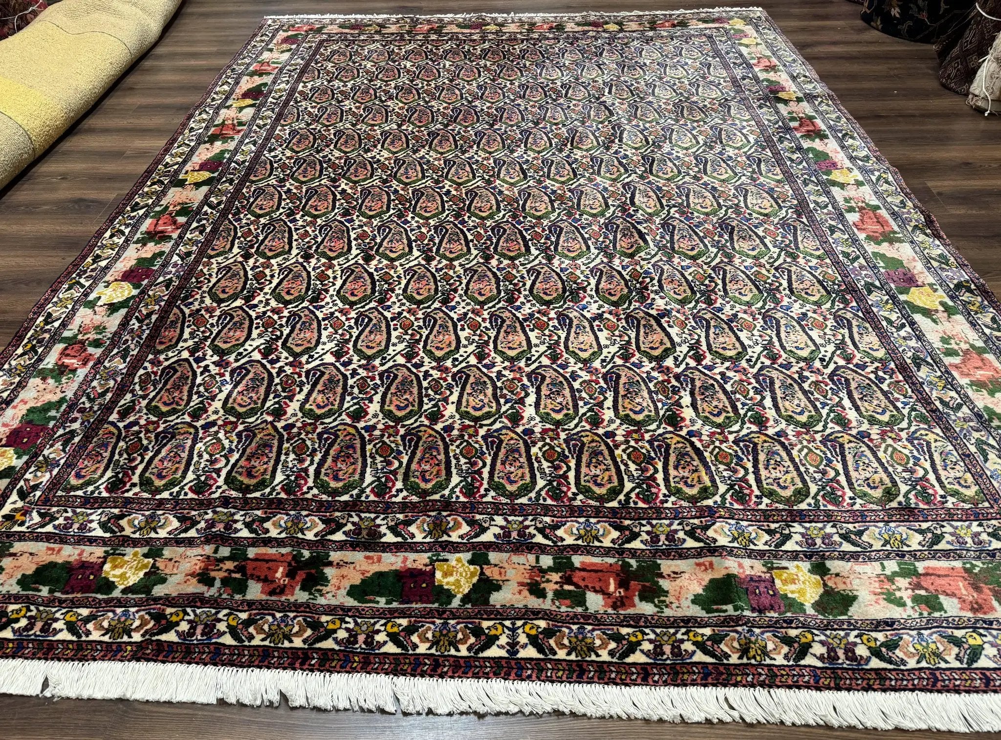 Persian Kurdish Rug 8x11, Repeated Allover Boteh Paisley Design, Bird Pictorials, Rare Antique Sannadaji Carpet by Jewel Rugs