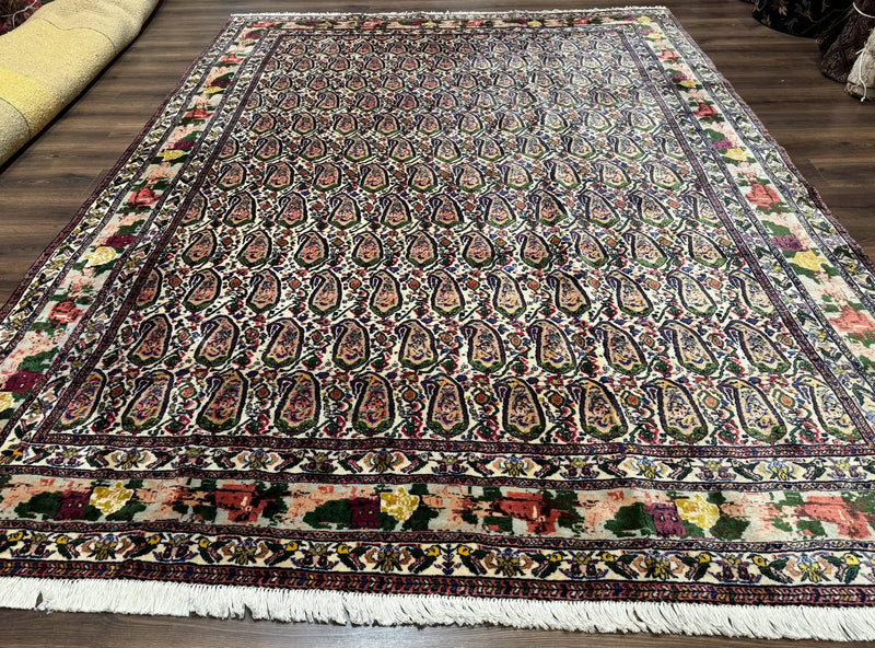 Persian Kurdish Rug 8x11, Repeated Allover Boteh Paisley Design, Bird Pictorials, Rare Antique Sannadaji Carpet by Jewel Rugs