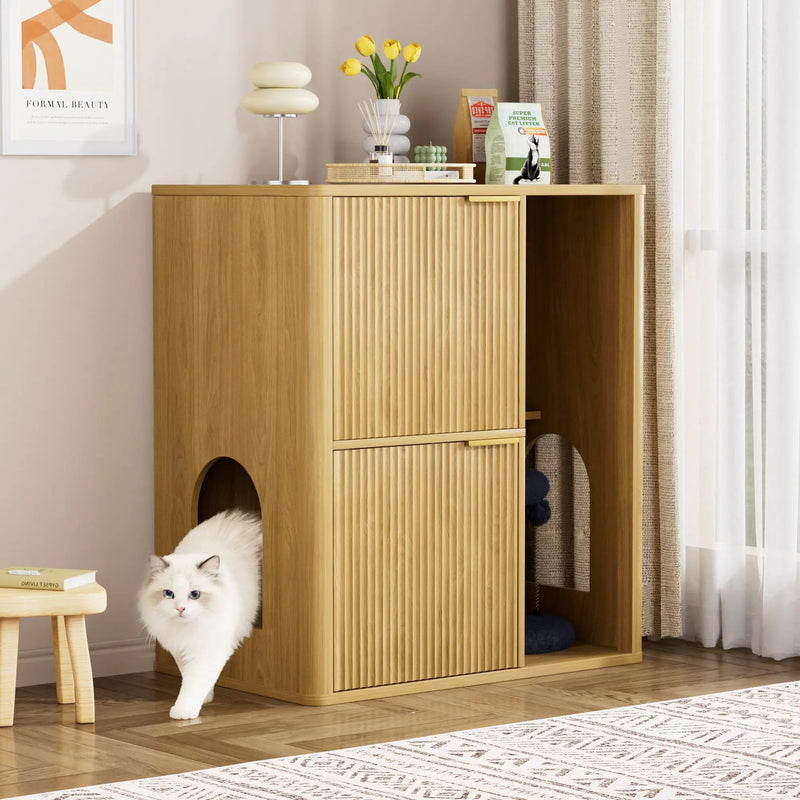31.5-inch Light Wood Cat Litter Cabinet with Cat Tree by HouseOfZazla